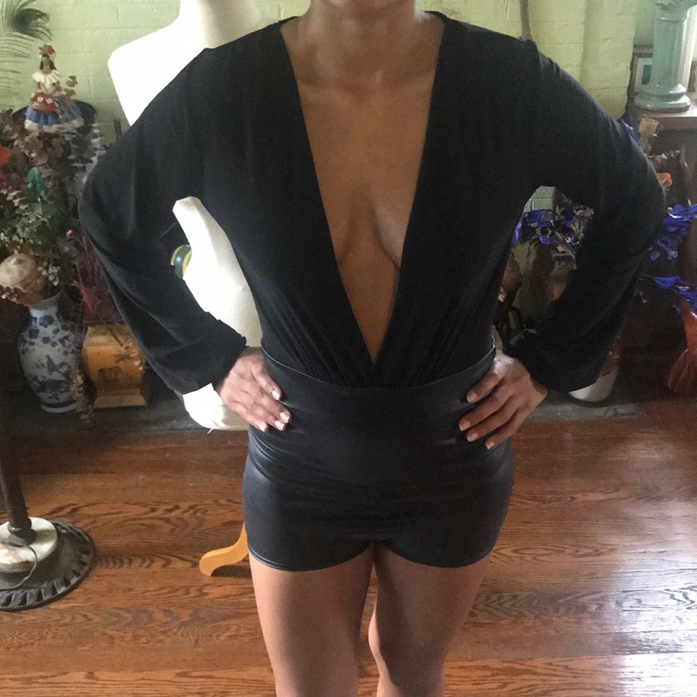 Black Faux Leather Plunging Romper